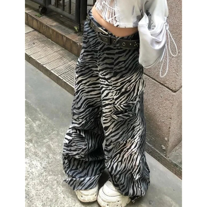 qgtao - 2024 Women's Casual Zebra print Gothic Jeans Vintage Aesthetic Emo Loose Washed Pants Y2K Wide Leg Punk Baggy Denim Trouser