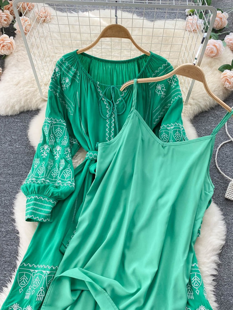 French Style Long Sleeve Embroidered Dress