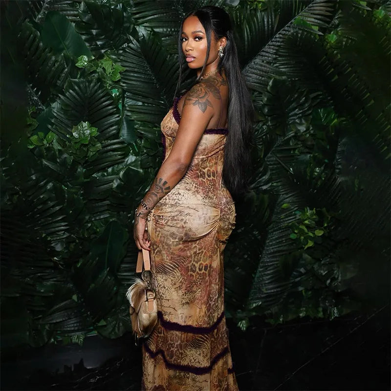 Frilly Halter Backless Split Long Dresses for Women Y2k 2000s Aesthetic Print Maxi Dress Sexy Party Outfits