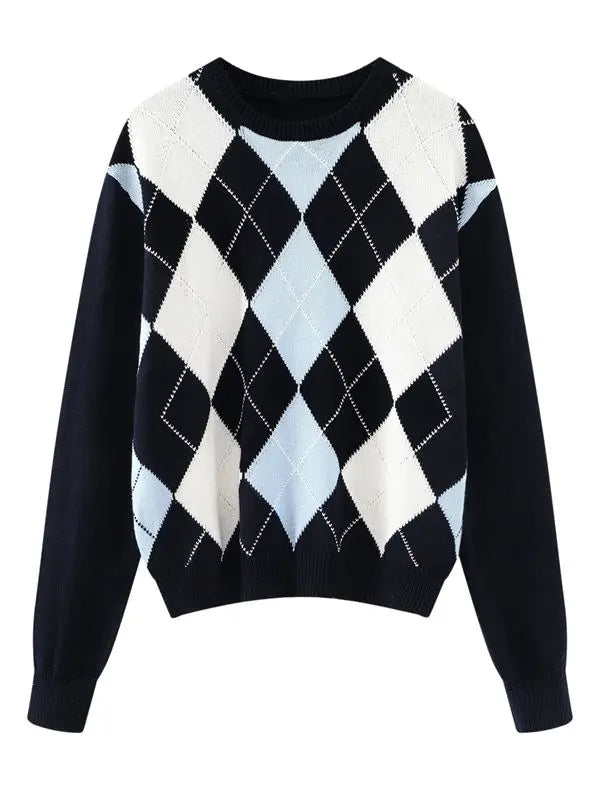 Sweet Girls Vintage Knitted Argyle Sweaters 2024 Early Autumn Fashion Ladies Pullovers Cute Women Chic Sweater Streetwear