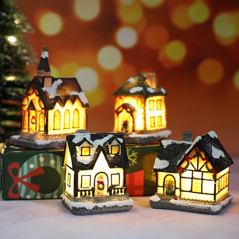 Christmas Decorations Holiday Village Set Lighted Xmas Village Houses with Figurines Small Christmas Scene Gift Home Ornament