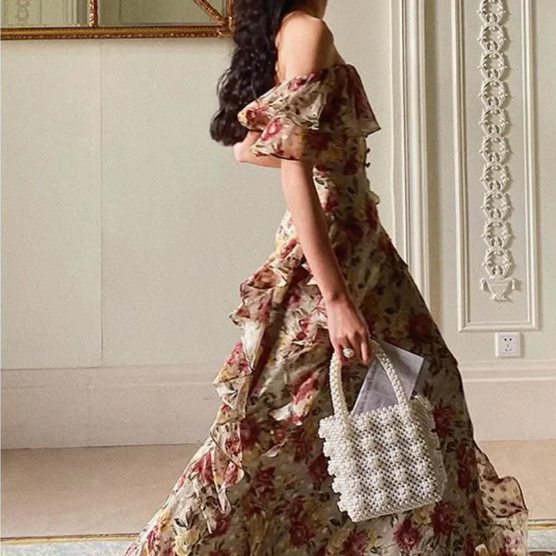 qgtao French Elegant 2000s Vintage Dress Women Floral Floor-Length Sexy Wedding Party Long Boho Dress Beach Style 2024 Summer Y2k Chic