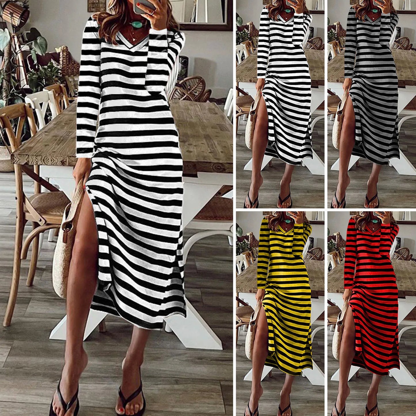 qgtao Summer Dresses 2024 Woman Plus Size Dresses For Women Casual Stripe Print V-neck Short Sleeve Loose Long Dress Robe Femme