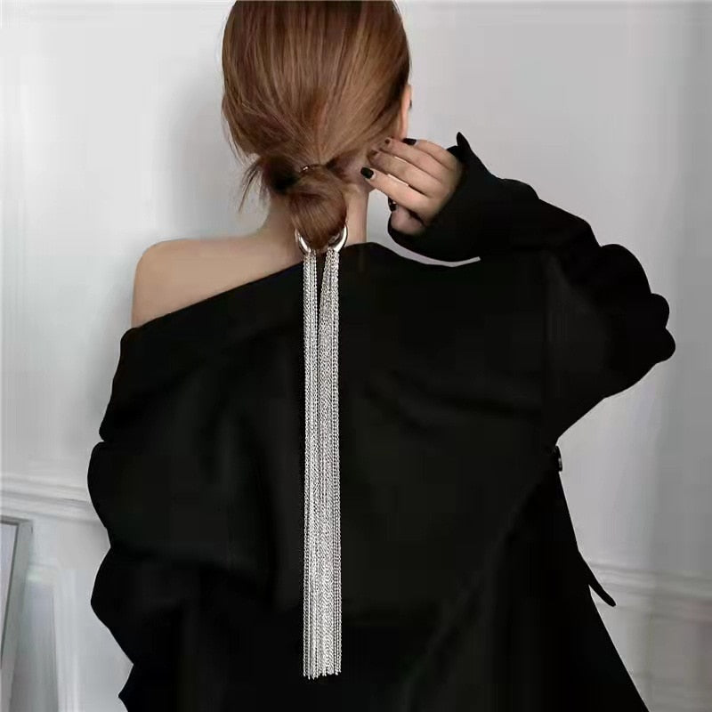 Trendy Silver Color Metal Hyperbole Long Tassel Chain Hair Accessories Punk Hairpins Hair Clip For Women Headband Hairwear