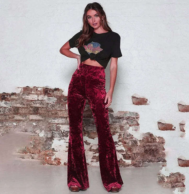Wide Leg Pants Women Korean Fashion Vintage High Waist Flare Pants Pantalones de Mujer Gold Velvet Trousers Pleuche