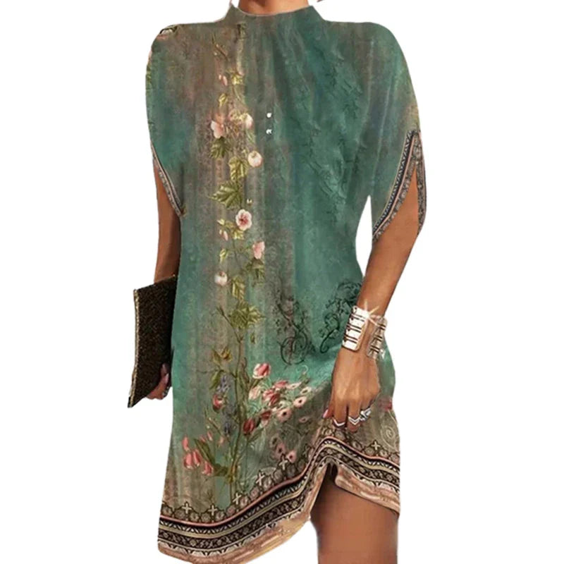 qgtao  Female Vintage Flower Print Batwing Sleeve Elegant Party Dress 2023 Summer Short Sleeve Round-Neck Mini Dresses For Women