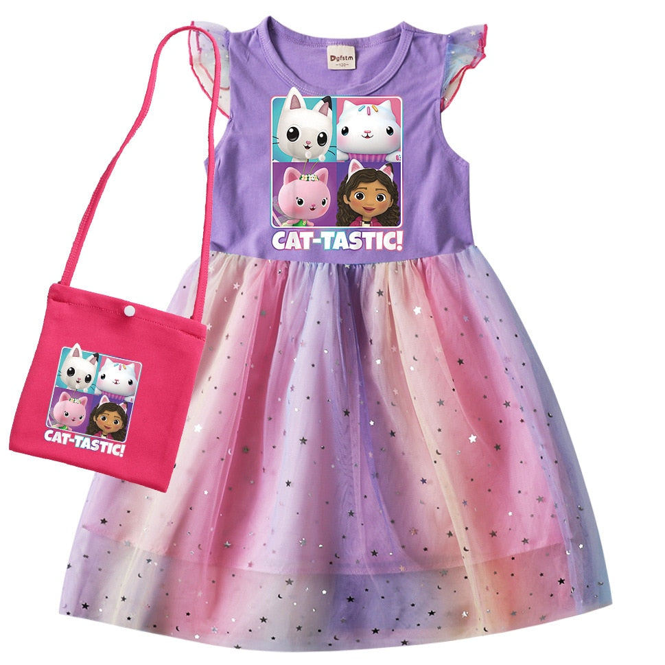 Gabbys Dollhouse Clothes Baby Girls Sleeveless Dresses with Small Bag Kids Cartoon Cats-tastic Wedding Party Princess Vestidos