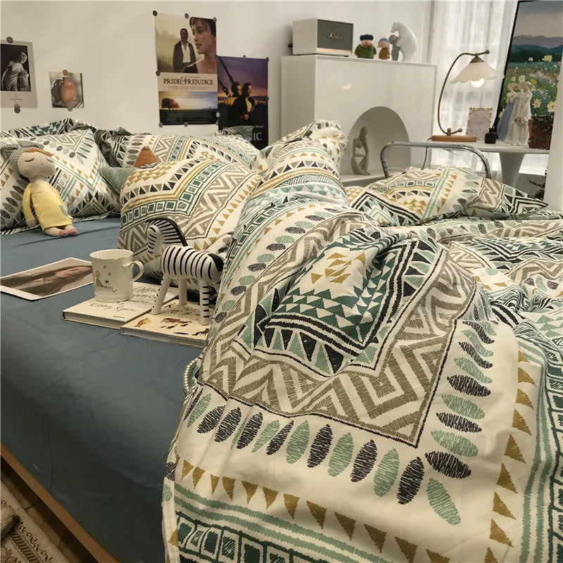Yeknu - Simple Nordic Bed Four-Piece Set All Cotton Pure Cotton Quilt Cover Bohemian Style 1.5 M1.8 M Apartment Fitted Sheet