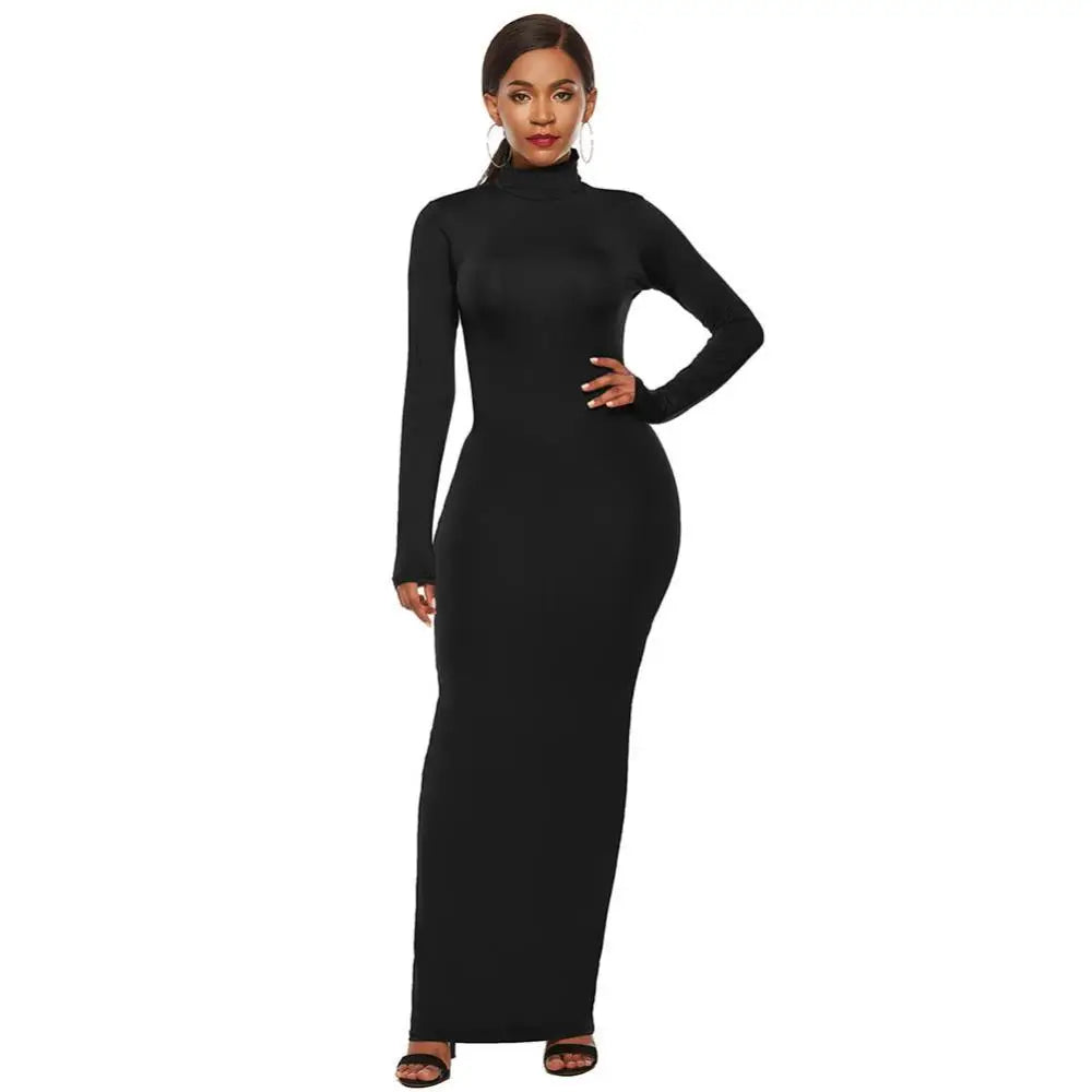 qgtao聽Women Long Dresses Plus Size Party Solid Color Women Long Sleeve Turtleneck Bodycon Dress Maxi Vestidos S-5XL