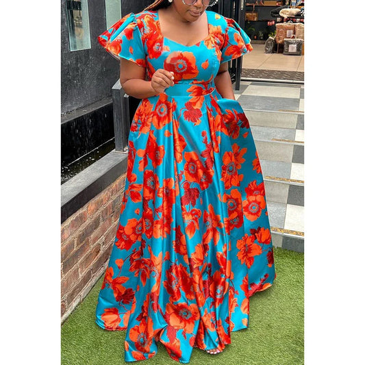 2024 qgtao summer Plus Size Vacation All Over Print Ruffle Sleeve With Pocket Maxi Dress