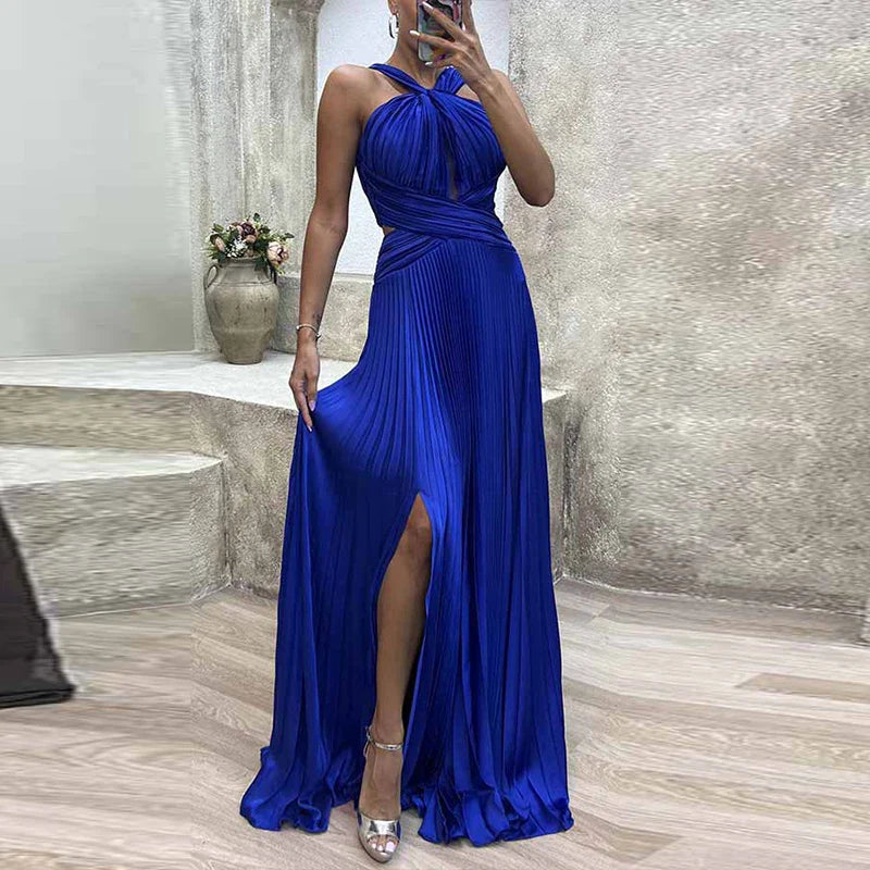 qgtao Fashion Banquet Halter Hollow Out Party Dress Women Temperament High Waist Slim Maxi Dress Elegant Sexy Pleated Slit Long Dress
