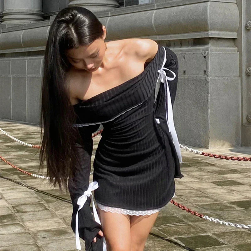 qgtao-Coachella Valley Music Festival Outfits,Graduation Gift,Elegant Slash-neck Long Sleeve Dress Sexy Lace Patchwork Multi Bow Bandage Mini Dress Autumn Street Party Women Vestidos