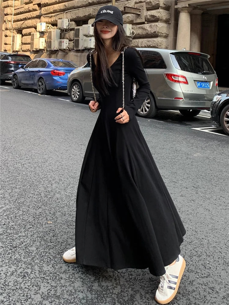 qgtao-Elegant Black Knitted Midi Dresses for Women Autumn and Winter Fashion Solid Sweet Cute Slim Chic Vintage Female Long Dress
