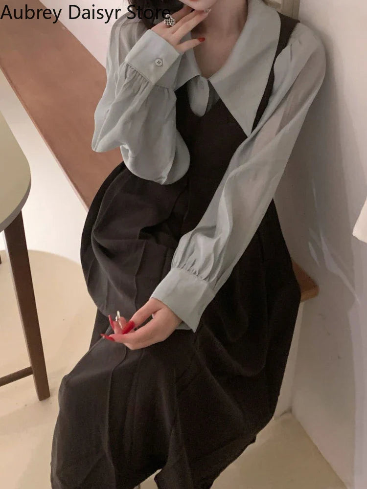 qgtao Korean Fashion Elegant Two Piece Set Women Puff Sleeve Blouse Strap Pleated Dress Set Vintage Casual Sweet Cute Dress Set Female