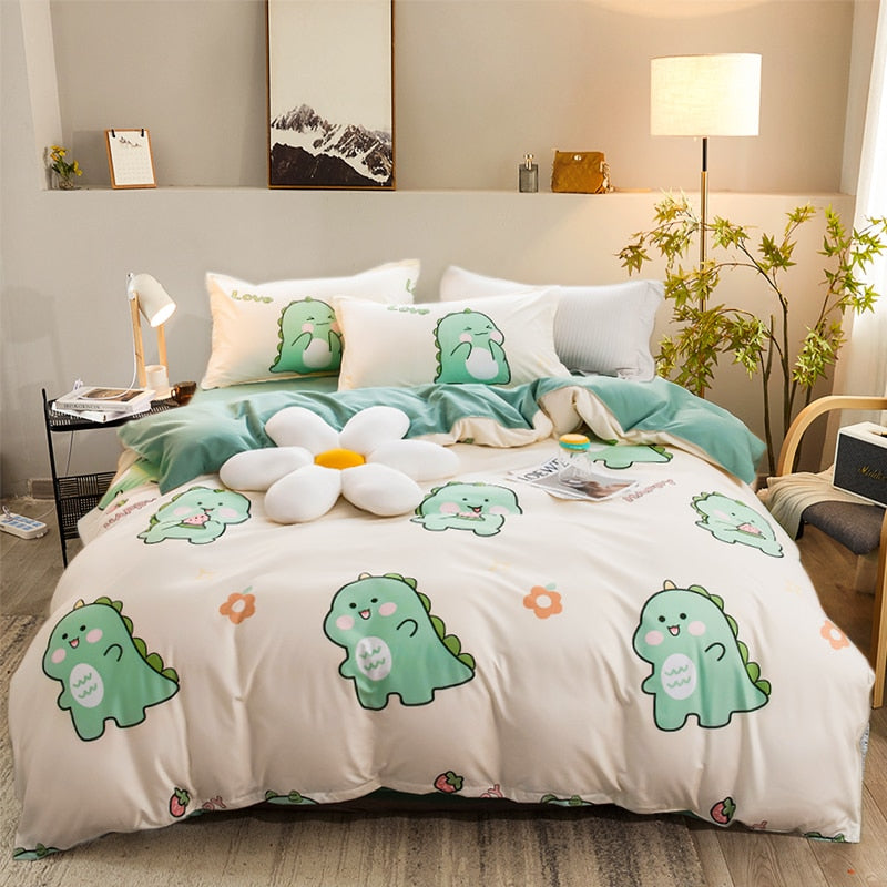 Yeknu Cartoon Pattern 4-Piece Flat Sheet Quilt Cover Pillow Case Family Bed Sheet Children's Bedding Set 4-Piece Set