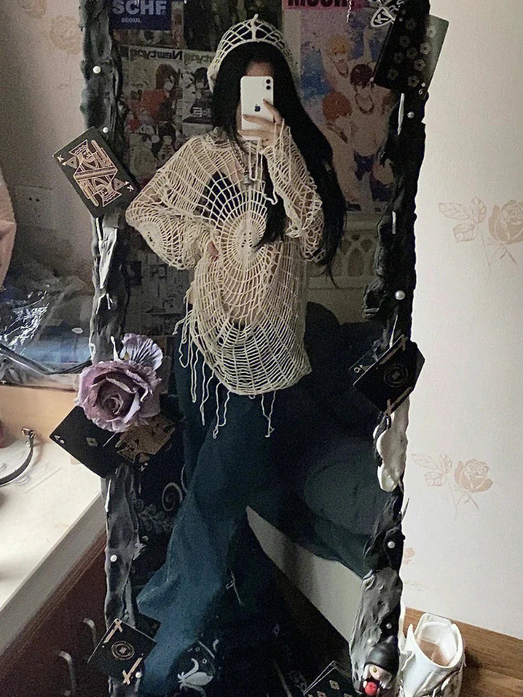 qgtao - Y2k Hollow Out Knit Hoodies Women Spider Web Hole Crochet Top Punk Grunge E-Girl Pullover Streetwear Goth Mesh Clothes