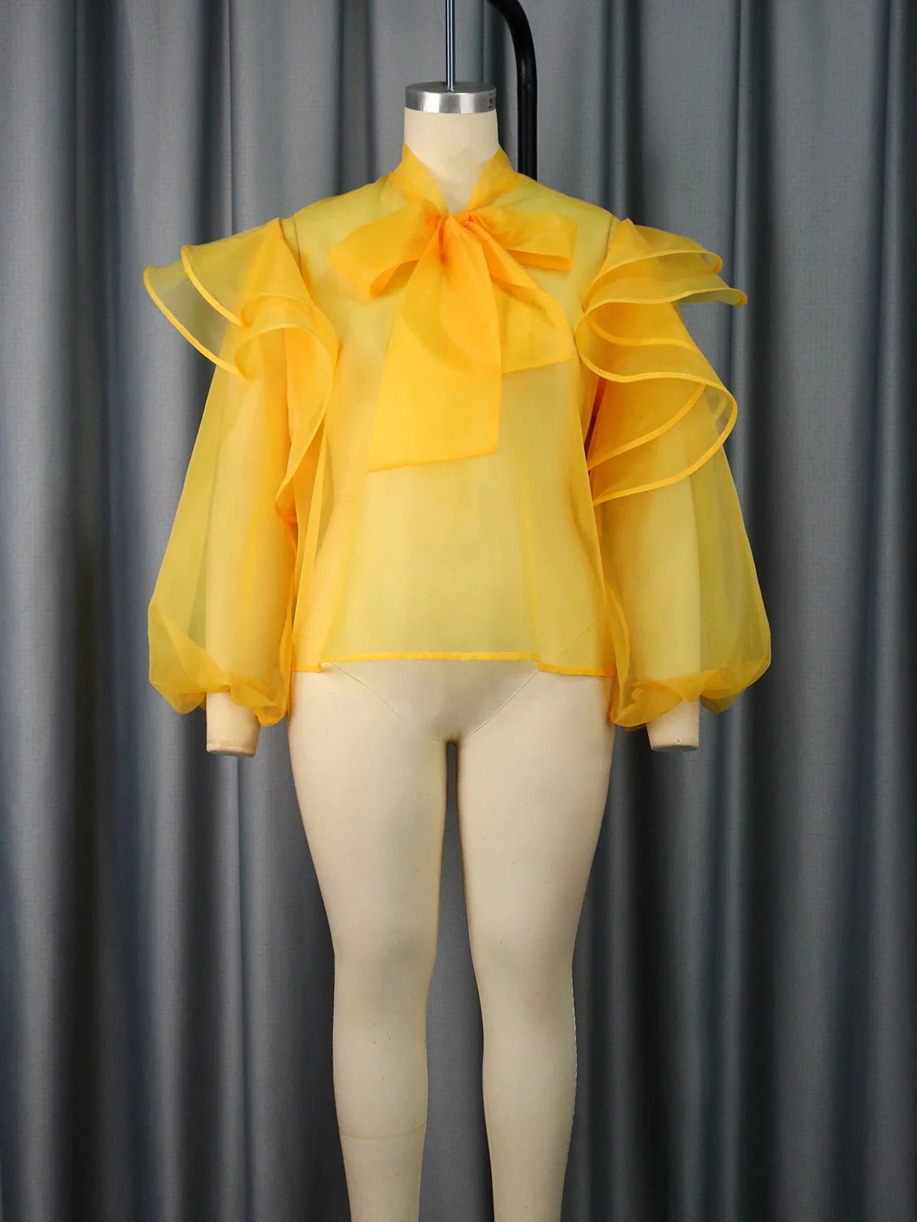 qgtao Women's Tulle Tops and Blouses Yellow See Through Bowtie Ruffles Trim Top Shirt Elegant Lady Fashion Party Club Wear Plus Size