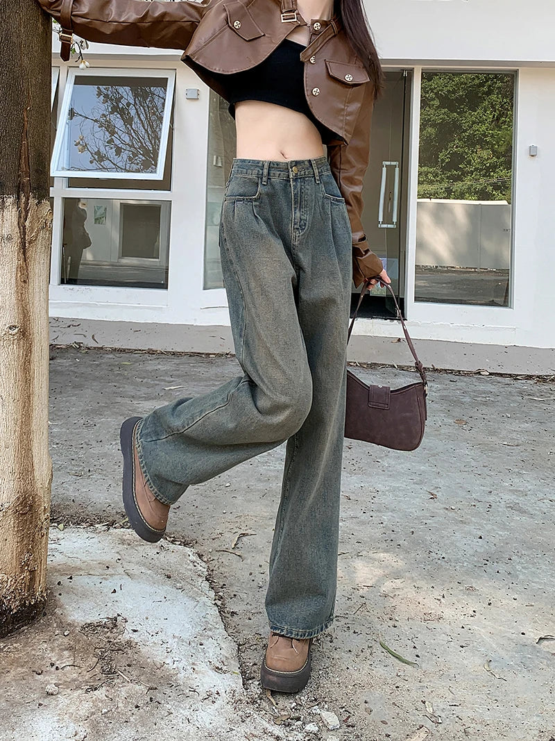 qgtao Retro American Do Old Basic Simple Woman Jeans New Loose Slim Chicl Woman Jeans High Waiste Fashion Street Pants Female