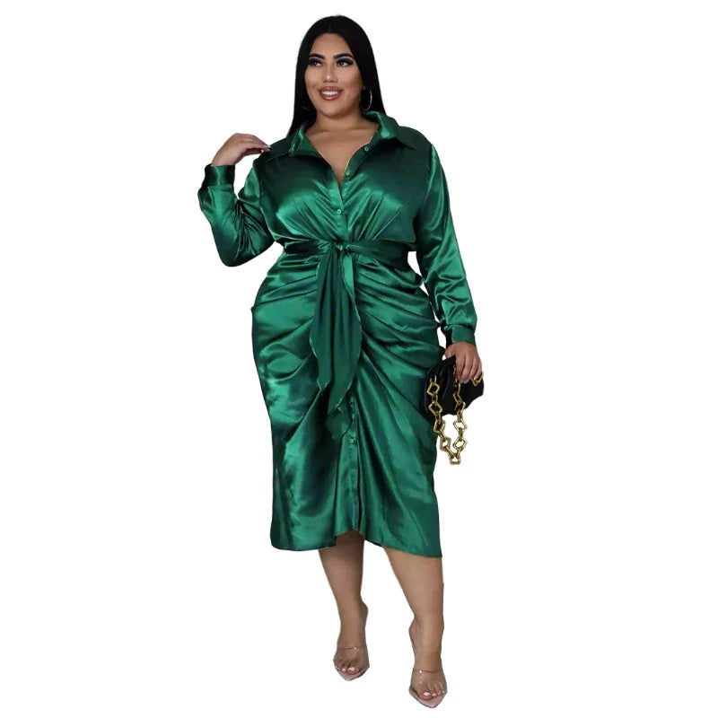 qgtao Elegant Satin Plus Size Women Shirt Dress Sexy Ruched Long Sleeve Lace Up Evening Party Midi Drerss Vestido Africano Feminino