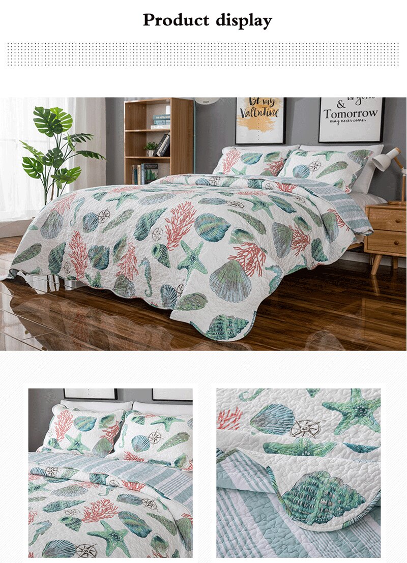 Yeknu Double Bed Cotton Print Sea Life 3 Piece Quilted Quilt Pillowcase Free Shipping
