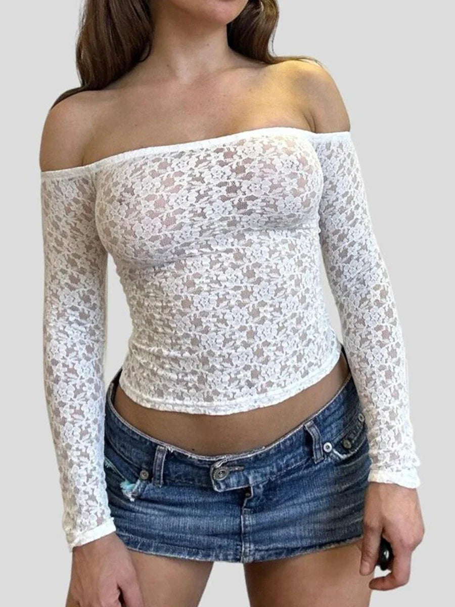 qgtao Y2k Sexy Lace Off Shoulder T-Shirt Long Sleeve Bodycon Cropped Tee Tops Solid Slim Shirt Blouse 2000s Aesthetic Tops