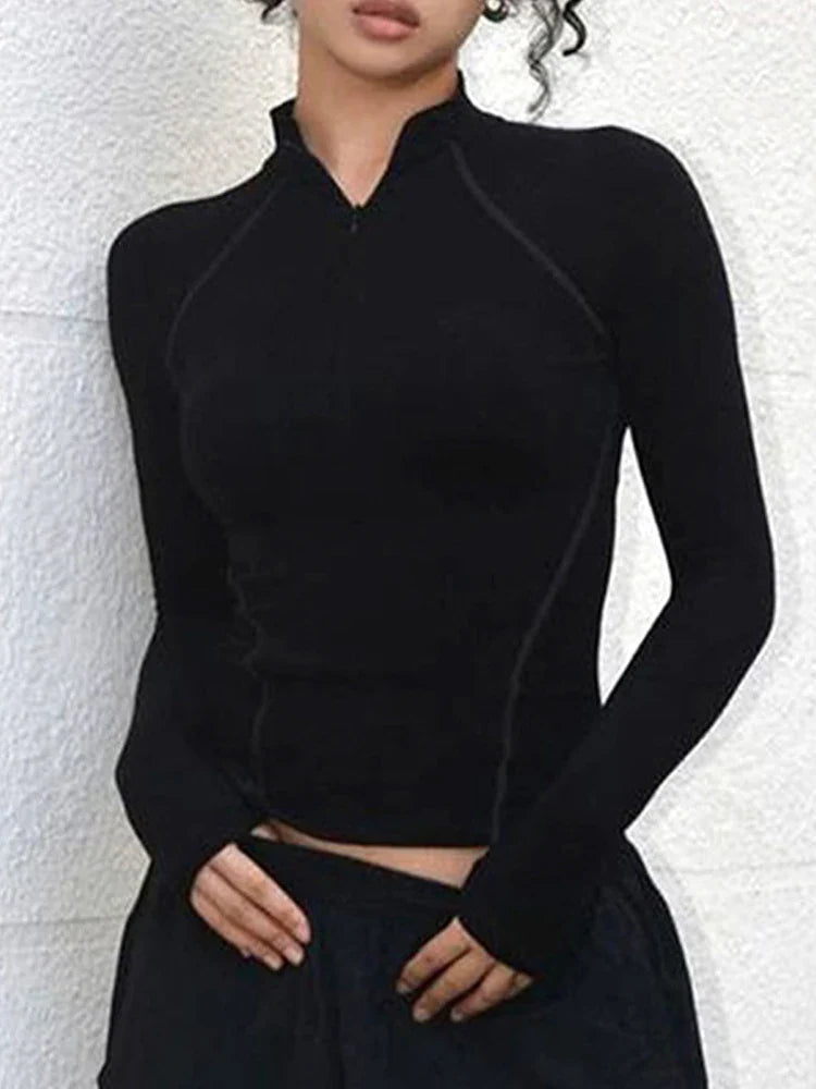 qgtao Y2K T Shirt Women Sexy Fashion Crop Tee Female Autumn Zipper Long Sleeve Top Lady Hotsweet Slim High Collar T-Shirts Streetwear