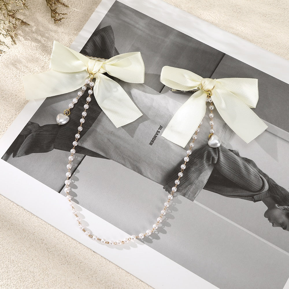 AWAYTR Tassel Elegant Vintage Bow Pearl Chain Hairpins Sweet Hair Decorate Headband Hair Clips For Fashion Hair Accessories