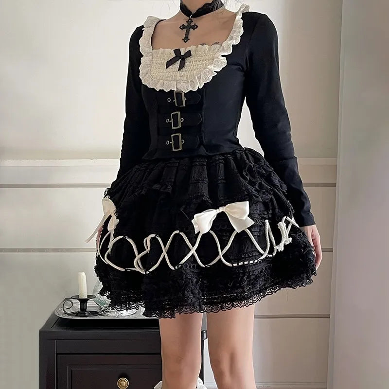 Karrram Japanese Y2k Black Short Skirt Vintage Gothic Lace Mini Skirt Lolita Harajuku Ball Gown Skirt 2000s Aesthetic Cake Skirt