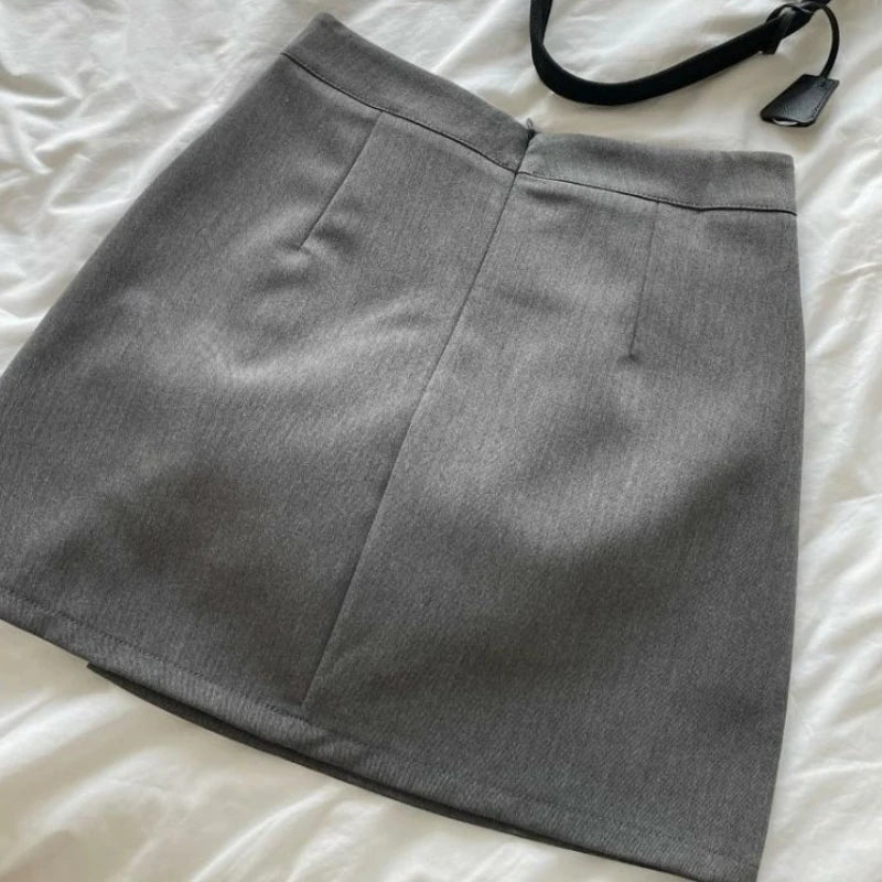 HOUZHOU Grey Mini Skirt Women Summer Vintage Streetwear High Waist A-line Split Gyaru Bodycon Pencil Skirt Korean Style Casual