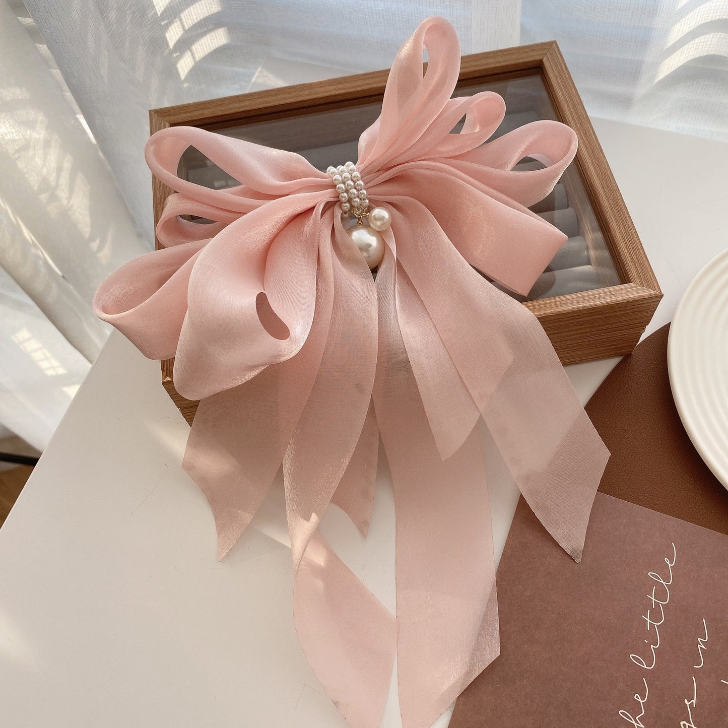 summer New Pearl Pendant Big Organza Bow Hair Clip Fashion Hair Accessory Women's Large Ribbon Bow Hairpin Head Back Top Clip