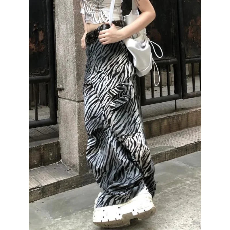 qgtao - 2024 Women's Casual Zebra print Gothic Jeans Vintage Aesthetic Emo Loose Washed Pants Y2K Wide Leg Punk Baggy Denim Trouser