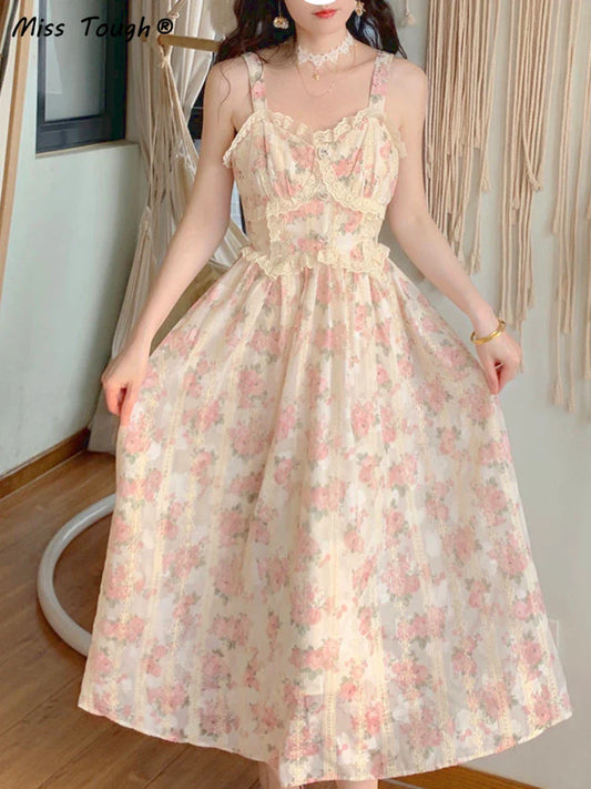 qgtao Elegant Floral Fairy Dress Women Strap Sexy Party Midi Dresses Casual Design Chic Printing High Waist Fashion Female Dress