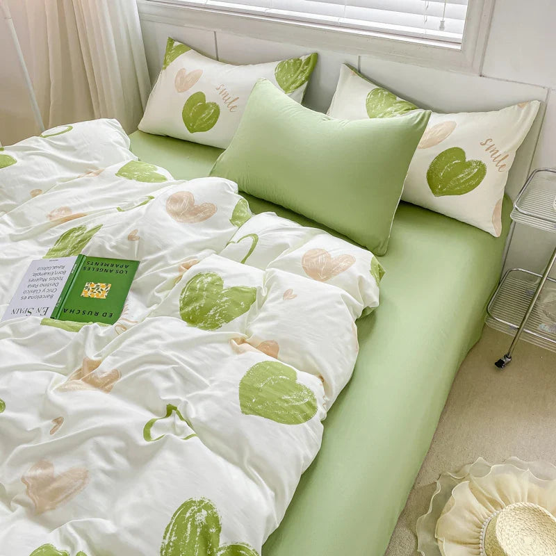 Yeknu Sweet Green Heart-Shaped Princess Girls Duvet Covers Simple Quilt Cover Bed Flat Sheet Pillowcase Washed Cotton Bed Linens