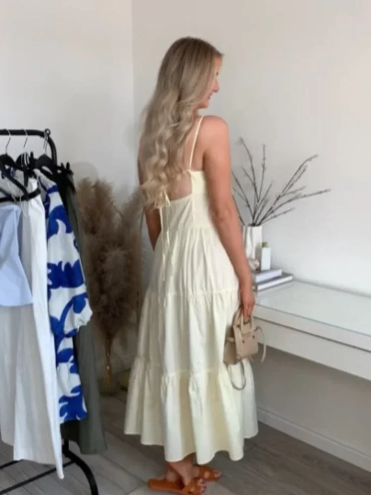 qgtao  -  Summer Women Sexy Sleeveless Backless Pleated Hem Maxi Dress Female Elegant Solid Single-breasted Strap Dresses Lady Partywear