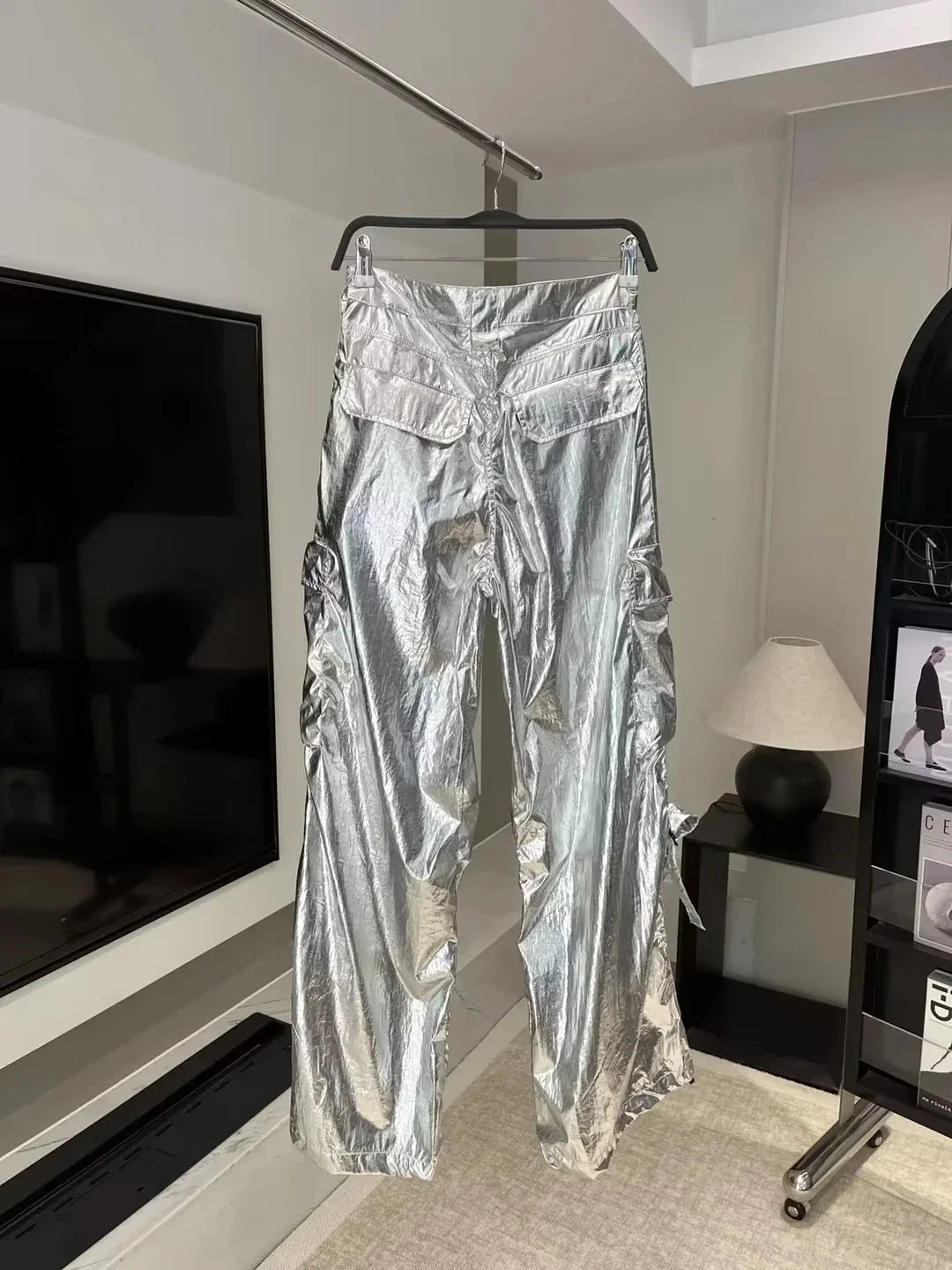 Silver Y2k Women's Pants Cargo 2024 Baggy Trousers Loose Oversize Vintage Streetwear Trendy Casual Stylish Chic Classic Mid Wasi