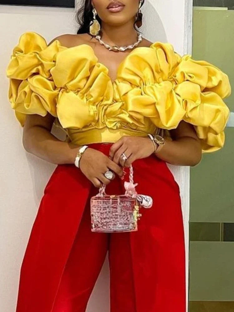 qgtao Women Blouse Tops Shirt Short Sleeve Ruffle Off Shoulder Elegant Stylish African Party Date Out Occasion Fashion Plus Size 4XL