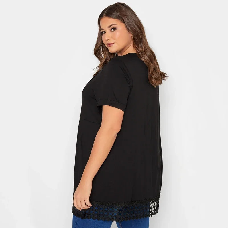 qgtao Plus Size Summer Elegant Peplum Tunic Women Short Sleeve Lace Panel V-neck Casual Blouse Top Plus Size Women Clothing 5XL 6XL