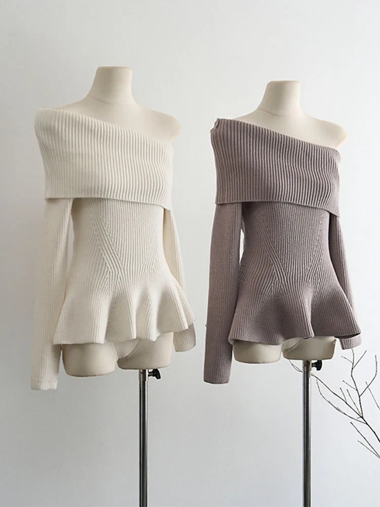 qgtao High Quality Knitted Pullovers Gyaru Autumn Winter Off Shoulder Slash Neck Sweater Tide Solid Jumper Formal Occasion High Street
