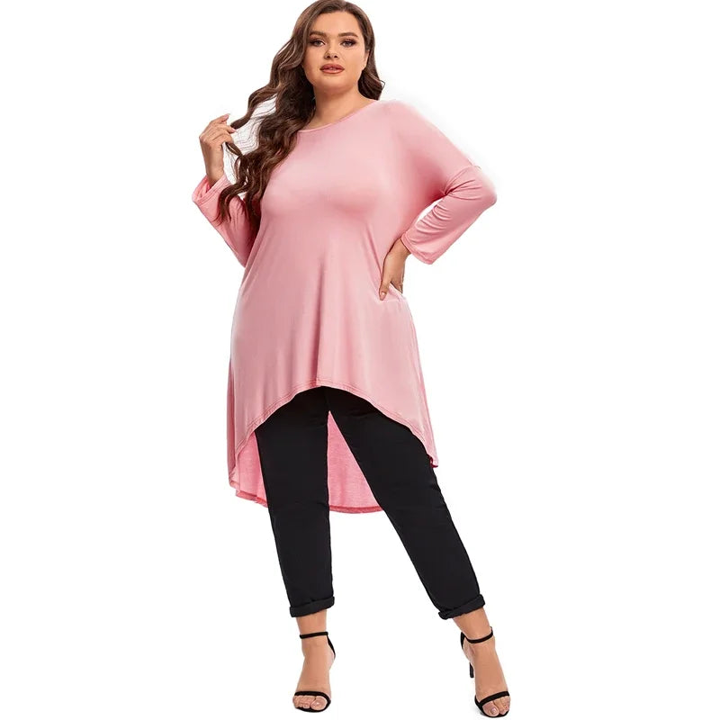 qgtao Plus Size Long Sleeve Elegant Tunic Blouse Women Long Hi Low Fit Flare Spring Autumn Swing Tops T Shirt Large Size Clothing 7XL