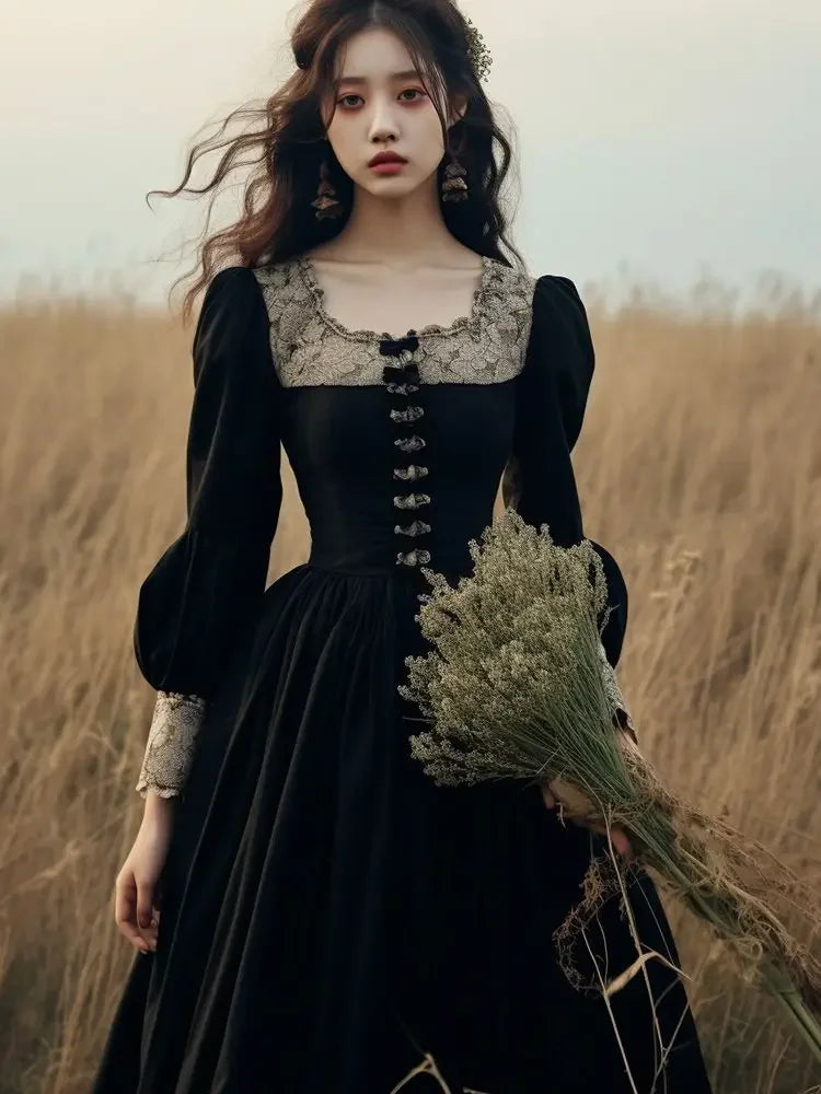 qgtao French Hepburn Style Black Vintage Dress Autumn 2024 New Elegant Patchwork Square Collar Long Sleeve A-line Maxi Dress for Women