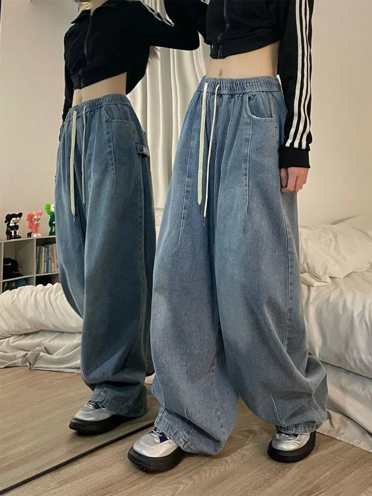 qgtao Women Vintage Baggy Jeans Y2K Elastic High Waist Oversize Street wear Trouser Denim Wide Leg Straight Basic Pants Spring