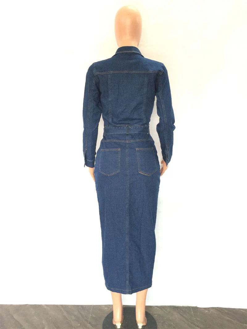 Vintage Denim Dresses for Women Autumn Clothes Long Sleeve Button Up Bodycon Jean Dress Streetwear Elegant Midi Dress Robe Femme