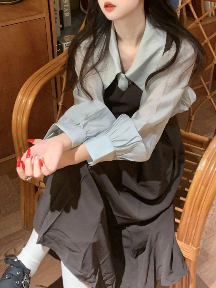 qgtao Korean Fashion Elegant Two Piece Set Women Puff Sleeve Blouse Strap Pleated Dress Set Vintage Casual Sweet Cute Dress Set Female