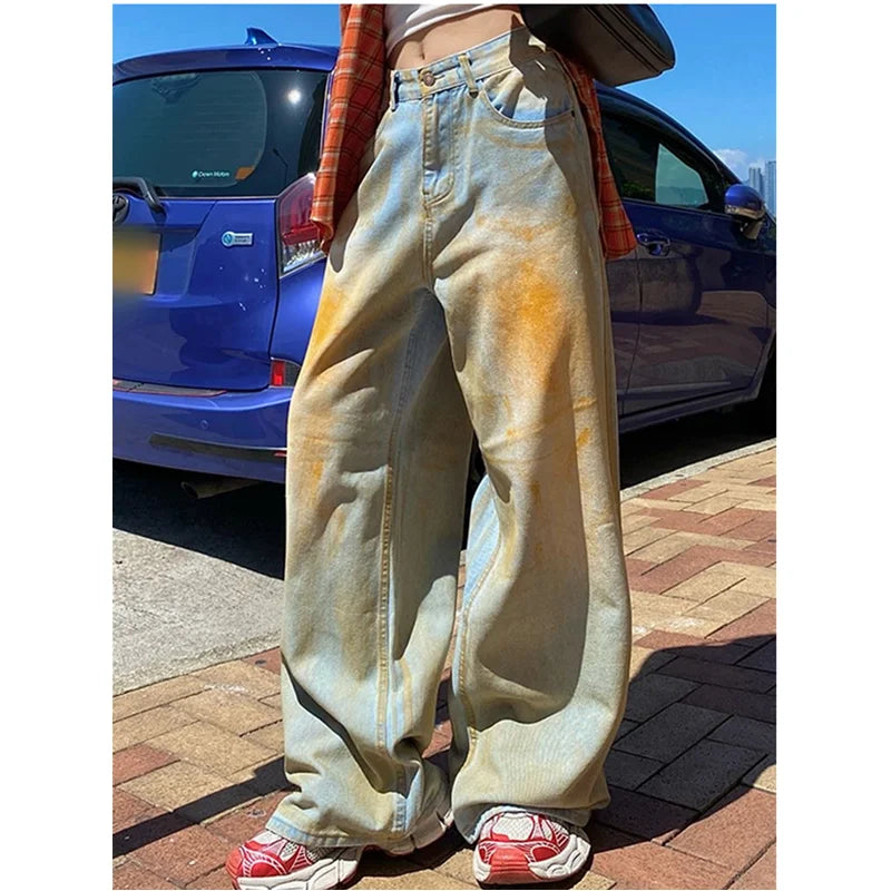 qgtao - Blue Jeans Women Y2K Hip Hop Fashion Vintage High Waisted Cargo Jeans Streetwear Casual Loose Large Size Wide Leg Denim Pants