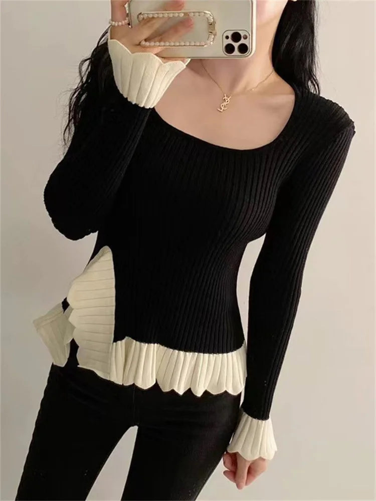 Tossy Ruffled Patchwork Vintage Pullover Sweater For Women Ribbed Contrast Elegant Long Sleeve Loose Knit Female Pullover 2024