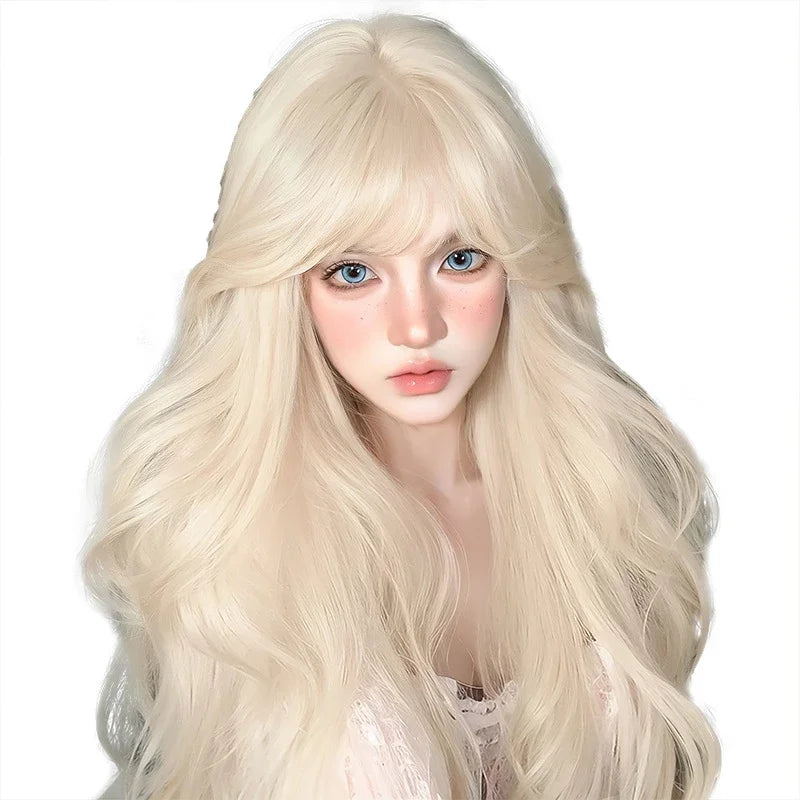qgtao - White gold color Synthetic Wigs Long Wavy Natural Hair for Women Natural Wave Cosplay Party Daily Use Lolita Wig Heat Resistant
