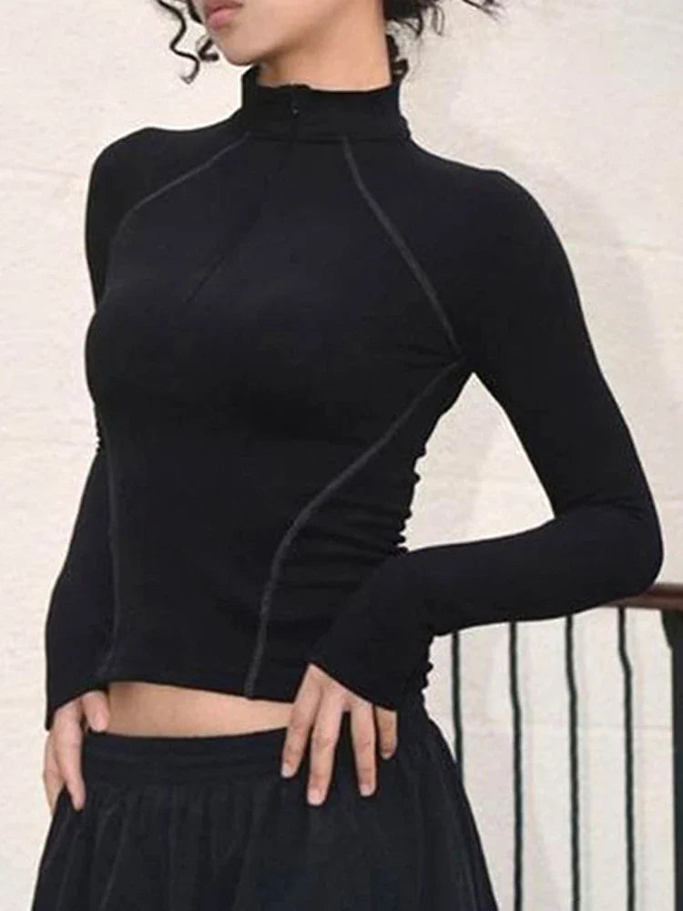 qgtao Y2K T Shirt Women Sexy Fashion Crop Tee Female Autumn Zipper Long Sleeve Top Lady Hotsweet Slim High Collar T-Shirts Streetwear