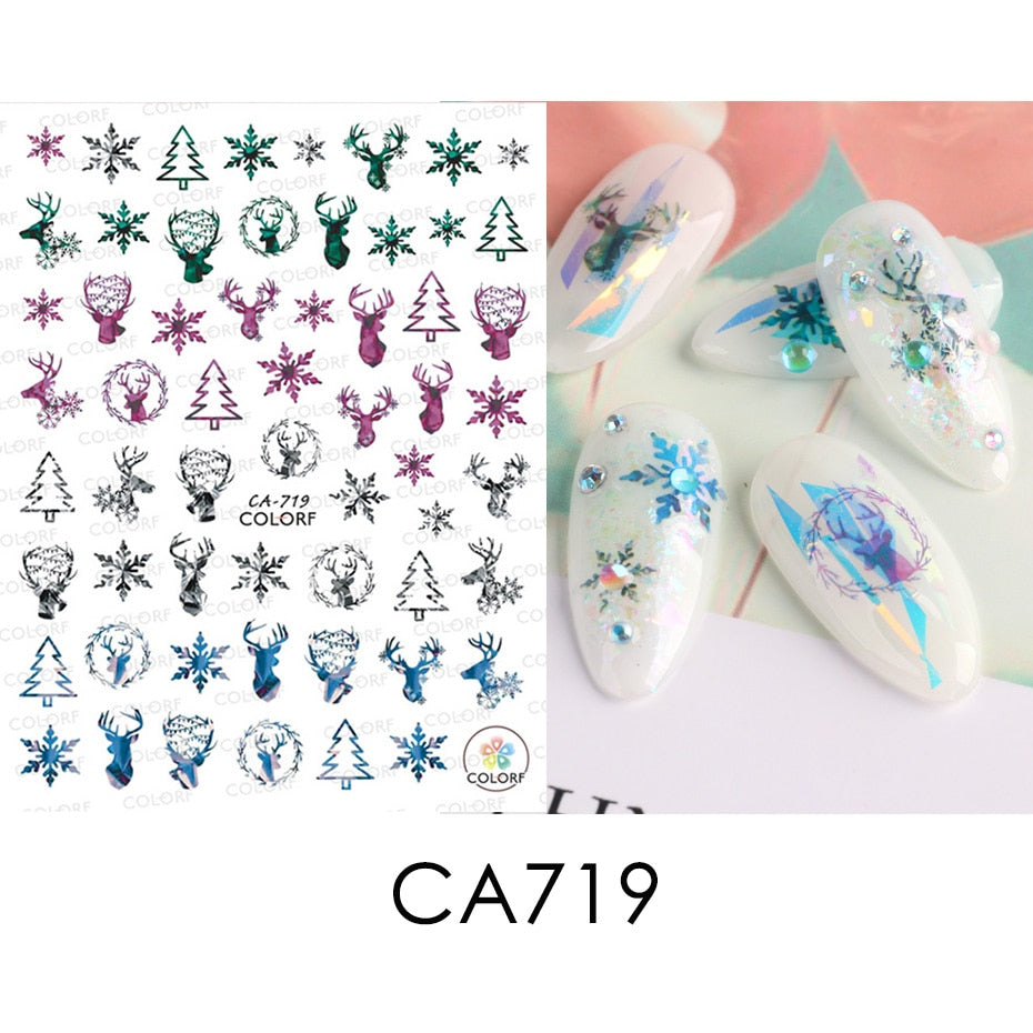 3D Christmas Sticker for Nails Cute Cartoon Sliders Snowflake Elk Xmas Tree Decal Gel Polisn Manicure Nail Art Decor SACA717-724