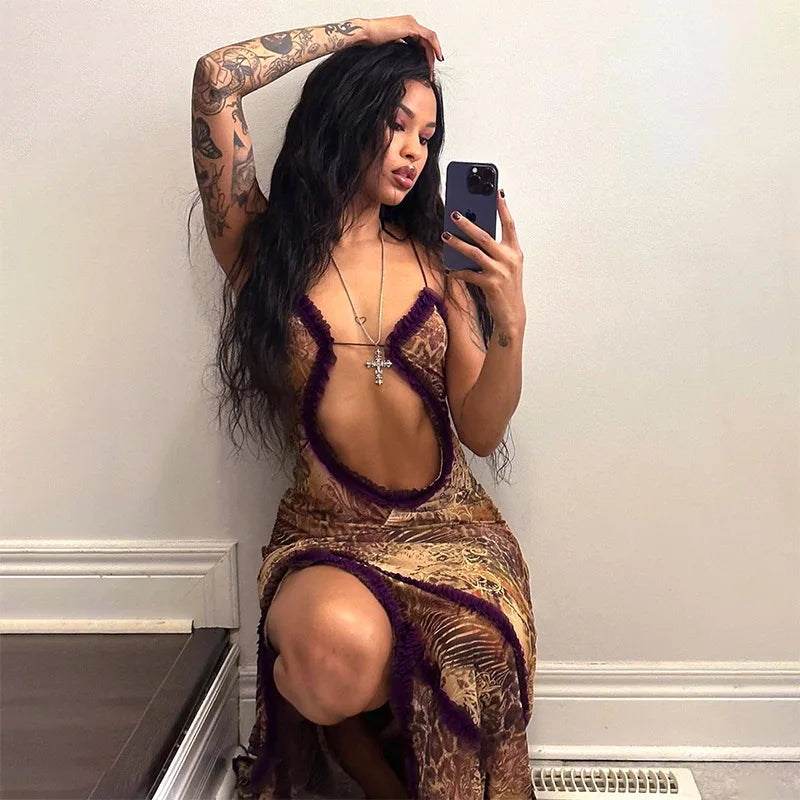 Frilly Halter Backless Split Long Dresses for Women Y2k 2000s Aesthetic Print Maxi Dress Sexy Party Outfits