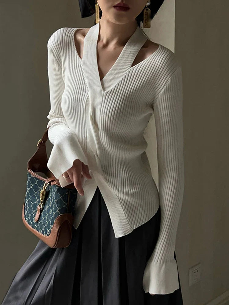 qgtao Women's Blouse Chic Hollow out Sexy knitted Pullovers for Autumn Female Korean Clothing Solid Full Sleeve Bottoming Shirt